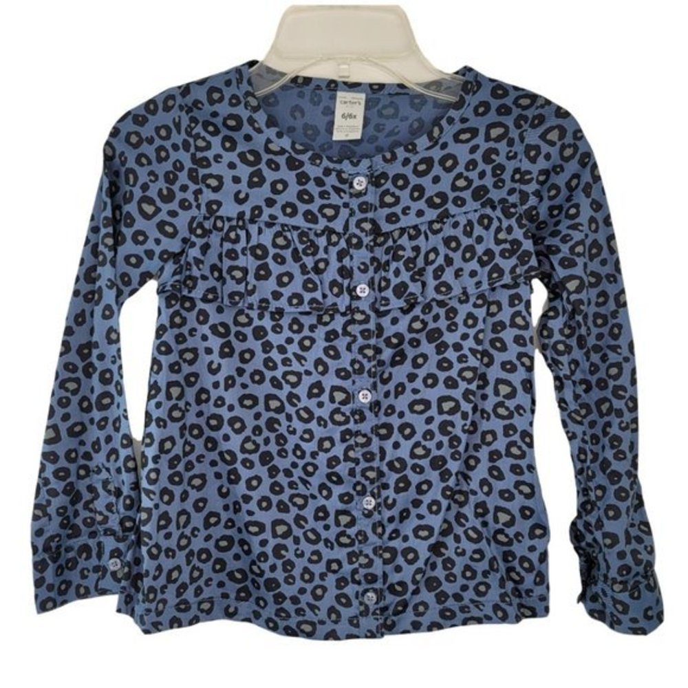 Carters Kid Girls Size 6/6x Blue‎ Black Animal Print Button Up Long Sleeve Shirt